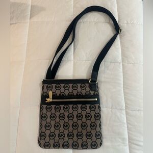 Michael Kors Black Signature Logo Cloth w/Leather Trim Zip Crossbody Bag